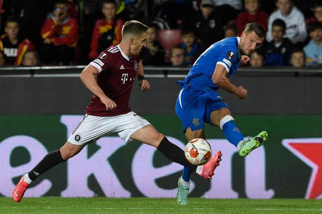Rangers left-back Borna Barisic (right) in action during the Scottish champions' 1-0 Europa League defeat against Sparta Prague on Thursday. (Photo by MICHAL CIZEK/AFP via Getty Images)