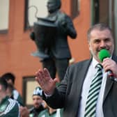 Manager Ange Postecoglou addresses the fans at Celtic Park after the title success.