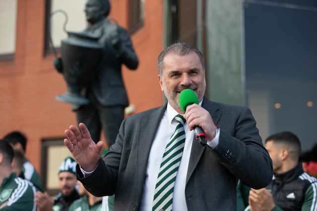 Manager Ange Postecoglou addresses the fans at Celtic Park after the title success.