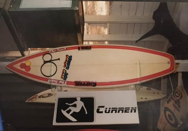 Vintage surfboards on display in a surf shop in Santa Cruz, California, including pro models ridden by Tom Curren and Rob Machado PIC: Roger Cox / JPI Media