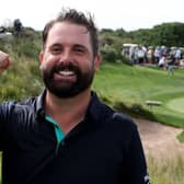 Matthew Baldwin shows what it means to win for the first time on the DP World Tour, having made his breakthrough in the SDC Championship St Francis Links in South Africa on Sunday. Picture: Warren Little/Getty Images.