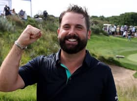 Matthew Baldwin shows what it means to win for the first time on the DP World Tour, having made his breakthrough in the SDC Championship St Francis Links in South Africa on Sunday. Picture: Warren Little/Getty Images.