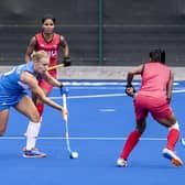 Scotland captain Sarah Robertson in action during a Commonwealth Games warm-up match against India. Jeff Holmes / JSHPIX