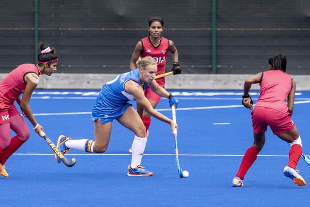 Scotland captain Sarah Robertson in action during a Commonwealth Games warm-up match against India. Jeff Holmes / JSHPIX