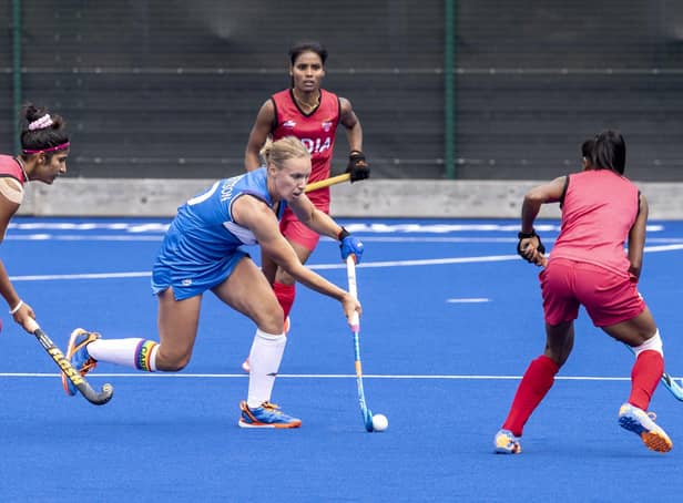 Scotland captain Sarah Robertson in action during a Commonwealth Games warm-up match against India. Jeff Holmes / JSHPIX