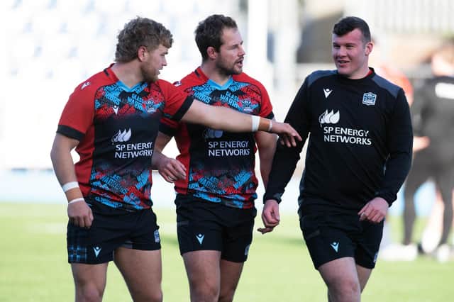 Gregor Hiddleston, right, pictured alongside Angus Fraser and Allan Dell will make his Glasgow Warriors debut against Exeter Chiefs in the Investec Champions Cup. (Photo by Rob Casey / SNS Group)