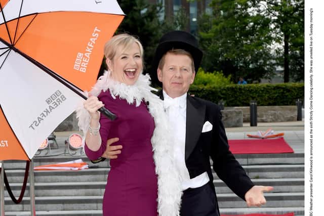 Carol Kirkwood with fellow presenter Bill Turnbull, announcing her appearanc on Strictly Come Dancing in 2015.