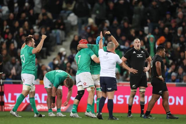Ireland celebrate their second Test win over New Zealand at Forsyth Barr Stadium in Dunedin. (Photo by Phil Walter/Getty Images)