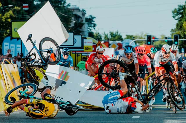 Dutch cyclist Fabio Jakobsen's bicycle flies through the air as he collides with compatriot Dylan Groenewegen during the opening stage of the Tour of Poland in Katowice in August.