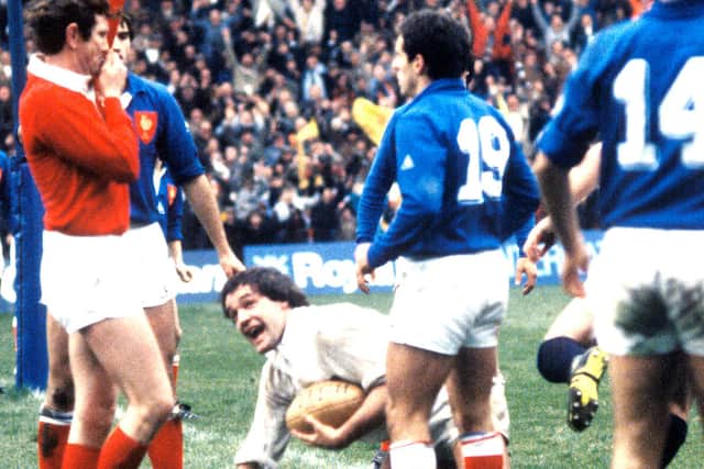 Scotland's Jim Calder reacts after his try against France in the 1984 Grand Slam game at Murrayfield.