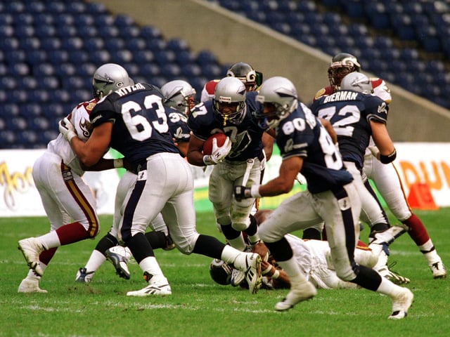 Scottish Claymores v Rhein Fire at Murrayfield.
Claymore Siran Stacy is pictured getting through the Fire defence.