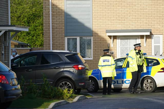 Police at the scene in Meridian Close, Bluntisham, Cambridgeshire, where police found the body of a 32-year-old man with a gunshot wound on Wednesday evening. They were later called to a second property in Ely, Cambridgeshire, where they found the body of a 57-year-old man who had also died from gunshot wounds. The deaths of both men are being treated as murder and three men have been arrested by Cambridgeshire Police. Picture date: Thursday March 30, 2023.