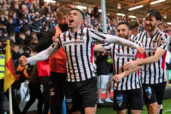 Dunfermline's Kevin O'Hara celebrates his second goal after an important 2-0 win over Raith.
