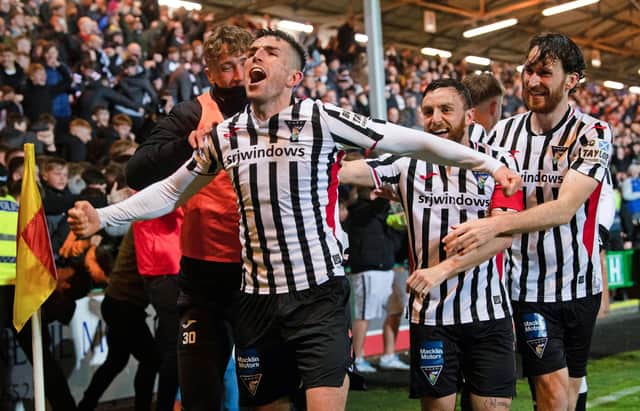 Dunfermline's Kevin O'Hara celebrates his second goal after an important 2-0 win over Raith.