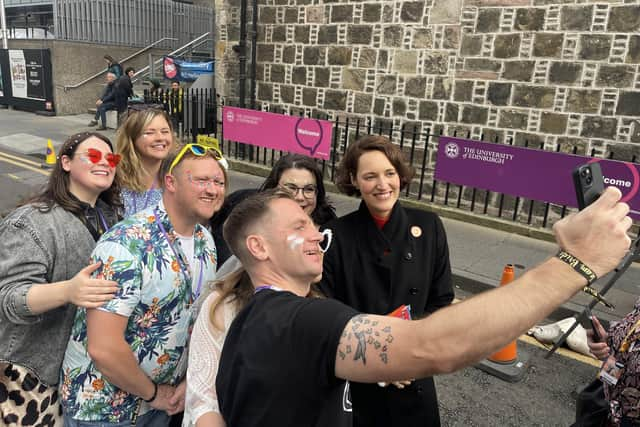 Phoebe Waller-Bridge posing for a selfie outside the Fringe's Meet the Media event.