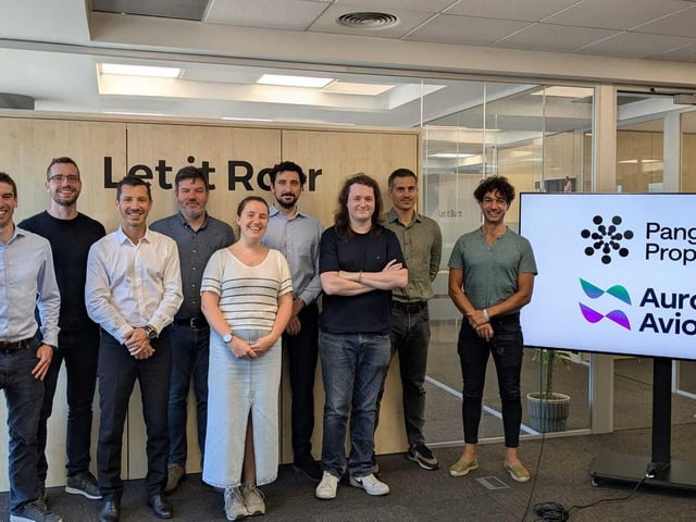Aurora Avionics and Pangea Propulsion Teams, pictured (l-r): Myles Bax [Commercial Lead,  Aurora Avionics], Finn Steegers [Avionics Systems Engineer, Pangea Propulsion], Gilles Fachin [Lead Project Manager, Pangea Propulsion], Rowland Fraser [CTO, Aurora Avionics], Claudia Paris [Head of Legal, Pangea Propulsion], Edgar Pascot-Cooper [Project Manager, Pangea Propulsion], Oren Smith-Carpenter [CEO, Aurora Avionics], Adria Argemí [CEO, Pangea Propulsion], Federico Rossi [Head  of Propulsion Engineering, Pangea Propulsion].