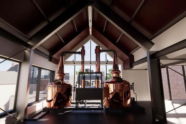 Uilebheist, whose operations will be powered by water from the nearby River Ness, is the first new distillery to be built in the Highland capital for 130 years. This architect's render shows what the copper stills will look like when installed