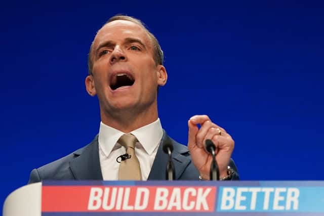 Justice secretary Dominic Raab delivers his keynote speech during the Conservative Party Conference at Manchester Central Convention Complex. Picture: Ian Forsyth/Getty Images