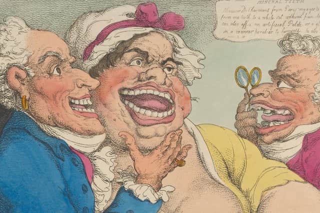 A French dentist shows an example of his false teeth in an picture from 1811 (Artist Thomas Rowlandson/Heritage Images via Getty Images)