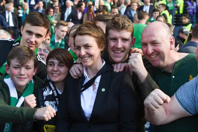 Hibernian Chief Executive Leeann Dempster with fans at full-time of the Scottish Cup final win over Rangers in 2016. Pic: Craig Foy SNS Group