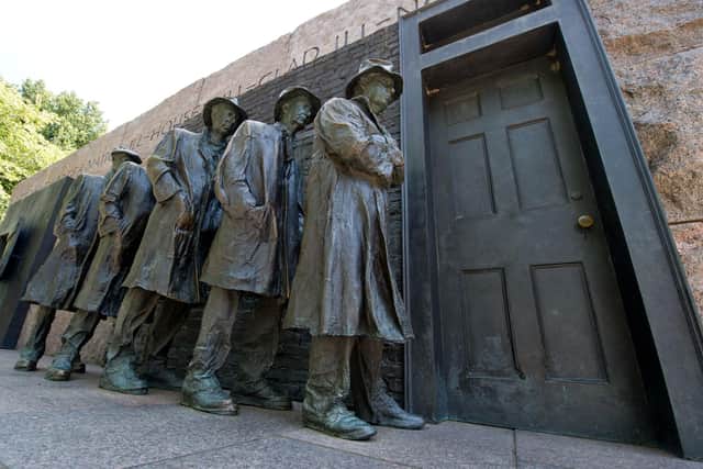 A statue of unemployed people queuing for help during the Great Depression at the Franklin Delano Roosevelt Memorial in Washington, DC (Picture: Karen Bleier/AFP via Getty Images)