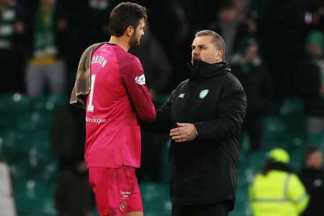 Celtic Manager Ange Postecoglou and Hearts goalkeeper Craig Gordon. (Photo by Craig Williamson / SNS Group)