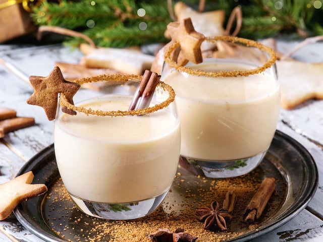 Traditional eggnog is the UK's joint favourite tipple. It's easy to make this treat at home with 50g caster sugar, 4 egg yolks, 1 tsp vanilla essence, 397g can of condensed milk, and 100ml brandy (or bourbon or rum - depending on your favourite). Put the sugar in a saucepan with 75ml water, simmer until the sugar has dissolved, then cool and chill. Beat the yolks with the vanilla until smooth. Add the condensed milk, brandy and cooled sugar syrup, mixing well. Chill for at least 2 hours and serve within the next day.