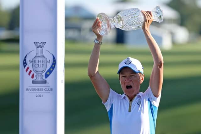 Catriona Matthew lifts the trophy after leading Europe to a second successive Solheim Cup victory in 2021 and now Suzann Pettersen is aiming to make it an unprecedented hat-trick at Finca Cortesin in Spain in 2023. Picture: Gregory Shamus/Getty Images.