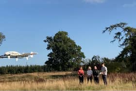 A drone which will transport medical samples to Ninewells Hospital in Dundee takes off at Stracathro Hospital in Angus. PIC: Contributed.