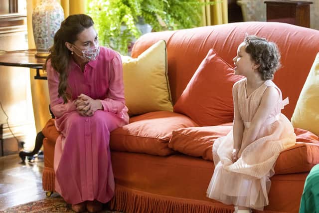 The Duchess of Cambridge meeting Mila Sneddon at the Palace of Holyroodhouse in Edinburgh in May 2021