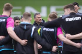 Franco Smith addresses his Glasgow Warriors players during an open training session at Scotstoun in April. (Photo by Ross MacDonald / SNS Group)