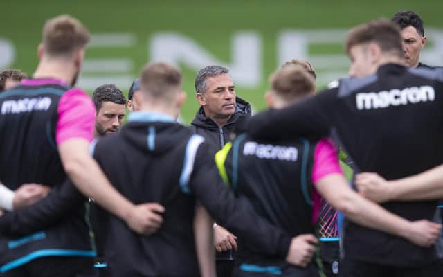Franco Smith addresses his Glasgow Warriors players during an open training session at Scotstoun in April. (Photo by Ross MacDonald / SNS Group)