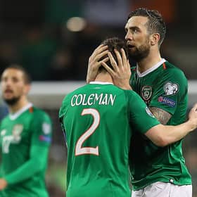 Seamus Coleman and Shane Duffy embrace following the Republic of Ireland's 1-0 win against Georga in March 2019