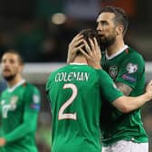Seamus Coleman and Shane Duffy embrace following the Republic of Ireland's 1-0 win against Georga in March 2019