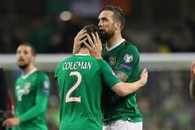 Seamus Coleman and Shane Duffy embrace following the Republic of Ireland's 1-0 win against Georga in March 2019