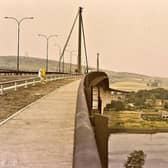 Looking north across the bridge's east footway in July 1971 with the Old Kilpatrick ferry terminal on the right. Picture: Glasgow Motorway Archive