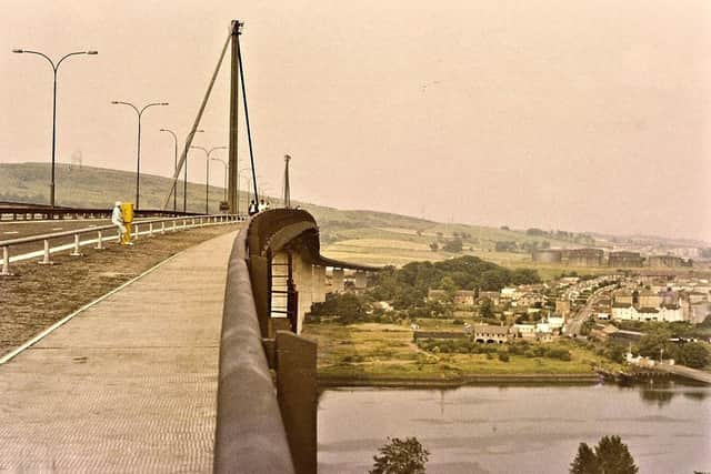 Looking north across the bridge's east footway in July 1971 with the Old Kilpatrick ferry terminal on the right. Picture: Glasgow Motorway Archive