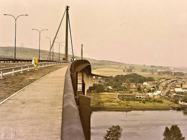 Looking north across the bridge's east footway in July 1971 with the Old Kilpatrick ferry terminal on the right. Picture: Glasgow Motorway Archive