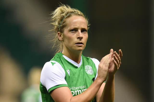 Joelle Murray at full time during a UEFA Women's Champions League last 32 tie between Hibernian Ladies and Slavia Prague at Easter Road on September 11, 2019. (Photo by Ross MacDonald / SNS Group)