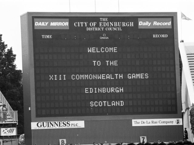 The electronic scoreboard welcoming people to the opening ceremony of the 1986 Commonwealth Games at Meadowbank Stadium.