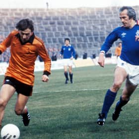 Dundee United's Paul Sturrock (left) takes the ball past Colin Jackson in their defeat by Rangers in the 1981 League Cup final