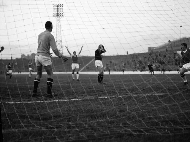 Hibs score a valuable goal during the Edinburgh Derby in September 1963.