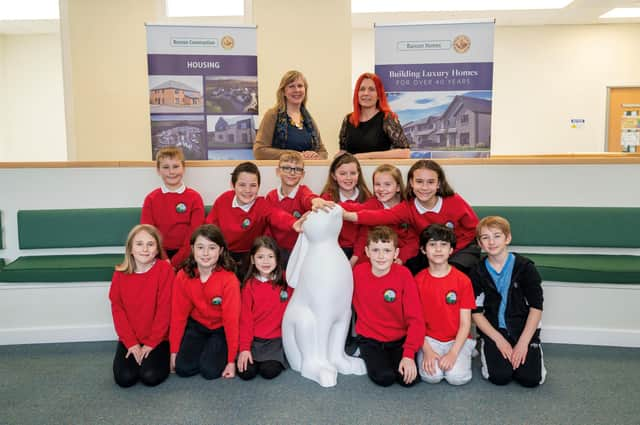 Pupils with Headteacher, Deborah Burr and Bancon Group Director, Senga Buntrock