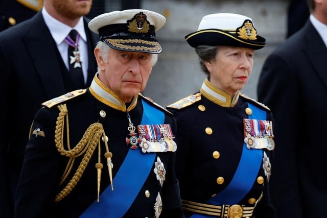 LONDON, ENGLAND - SEPTEMBER 19: King Charles III and Princess Anne, Princess Royal arrive ahead of the state funeral of Queen Elizabeth II on September 19, 2022 in London, England. Elizabeth Alexandra Mary Windsor was born in Bruton Street, Mayfair, London on 21 April 1926. She married Prince Philip in 1947 and ascended the throne of the United Kingdom and Commonwealth on 6 February 1952 after the death of her Father, King George VI. Queen Elizabeth II died at Balmoral Castle in Scotland on September 8, 2022, and is succeeded by her eldest son, King Charles III. (Photo by Sarah Meyssonnier - WPA Pool/Getty Images)