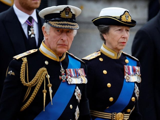 LONDON, ENGLAND - SEPTEMBER 19: King Charles III and Princess Anne, Princess Royal arrive ahead of the state funeral of Queen Elizabeth II on September 19, 2022 in London, England. Elizabeth Alexandra Mary Windsor was born in Bruton Street, Mayfair, London on 21 April 1926. She married Prince Philip in 1947 and ascended the throne of the United Kingdom and Commonwealth on 6 February 1952 after the death of her Father, King George VI. Queen Elizabeth II died at Balmoral Castle in Scotland on September 8, 2022, and is succeeded by her eldest son, King Charles III. (Photo by Sarah Meyssonnier - WPA Pool/Getty Images)