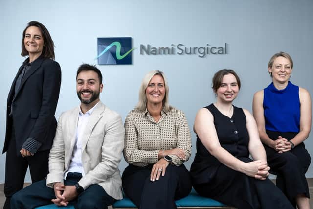Ailsa Young, investment director at the Scottish National Investment Bank; Dr Nico Fenu, co-founder and COO at Nami Surgical; Nikki Palfrey, CEO at Nami Surgical; Dr Rebecca Cleary, co-founder and CTO at Nami Surgical; and Jane Reoch, executive director, innovation, at the Scottish National Investment Bank. Picture by Andrew Cawley courtesy of the Scottish National Investment Bank