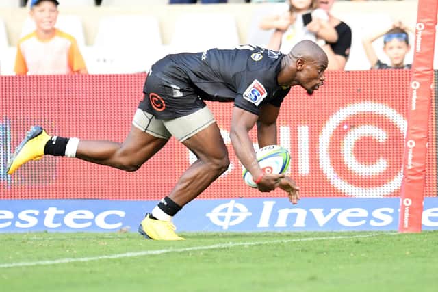 Sharks wing Makazole Mapimpi in try-scoring form. (Photo by Anesh Debiky / AFP)