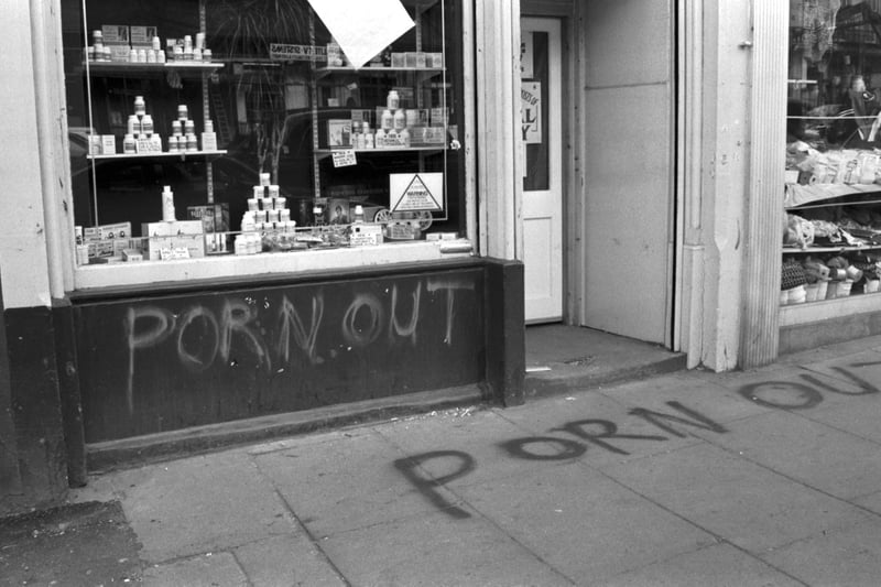 The Private Lines 'sex shop' in Elm Row Edinburgh had 'PORN OUT' graffiti spray-painted on the exterior in April 1990.