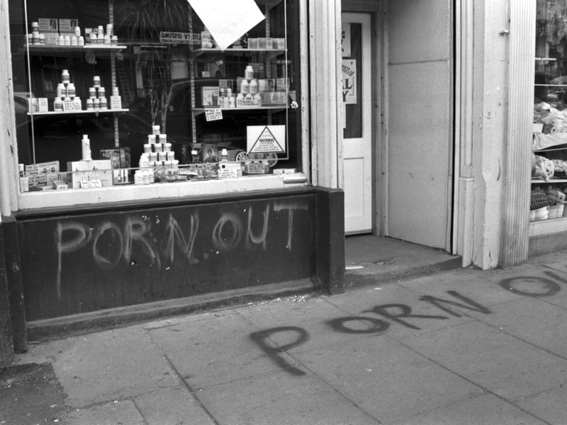 The Private Lines 'sex shop' in Elm Row Edinburgh had 'PORN OUT' graffiti spray-painted on the exterior in April 1990.