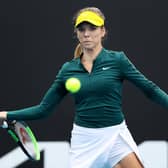 Britain's Katie Boulter plays a forehand in her win over Coco Gauff at the WTA 500 Gippsland Trophy tournament at Melbourne Park. Picture: Jack Thomas/Getty Images